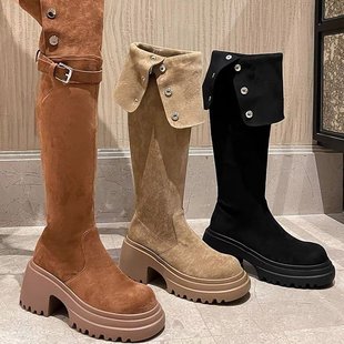 2025 New Retro Short Western Boots for Women, Autumn and Winter Fleece-Lined Over-The-Knee Long Boots, Brown Long Boots, Riding Boots