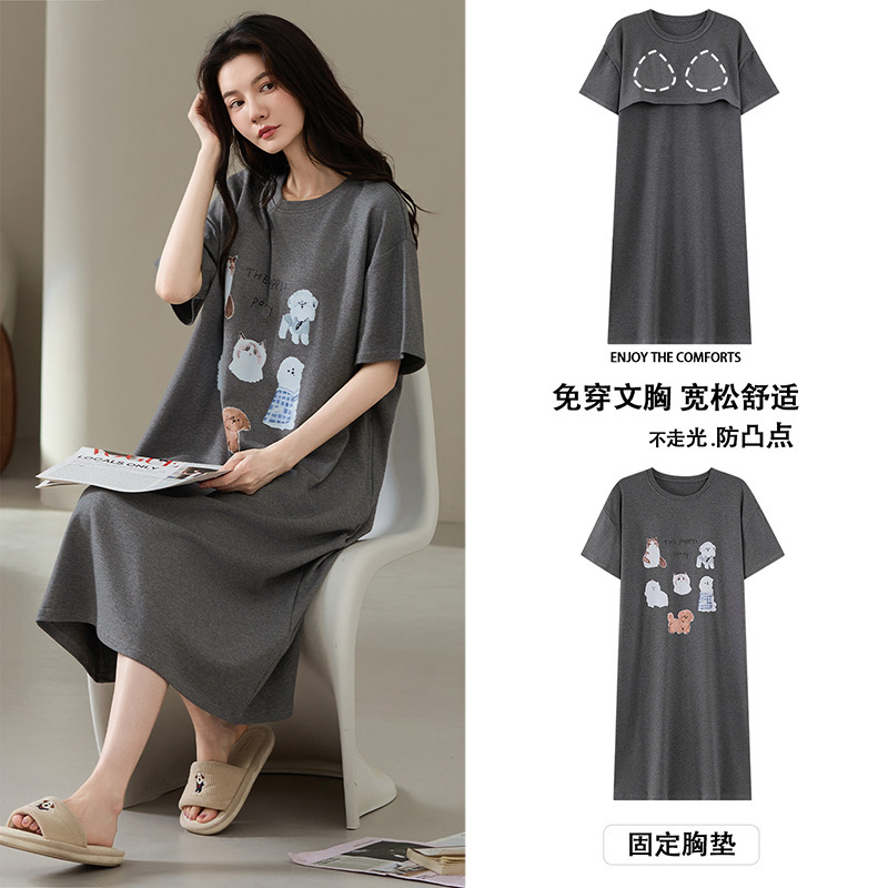 7A Antibacterial Pure Cotton Nightgown for Women, Summer Short-Sleeved, with Built-In Chest Pads, Loose Fit, Large Size, Can Be Worn Outside, Cartoon Pajamas, Home Wear