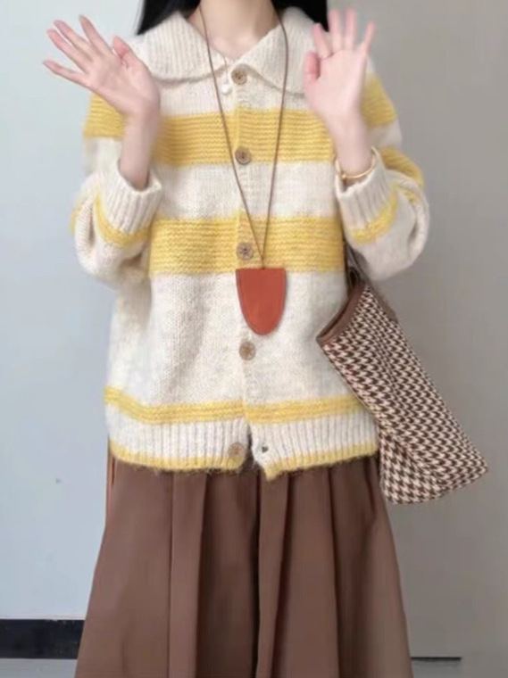 黄色针织衫条纹毛衣女款2025秋季新款氛围感穿搭时尚半身裙套装女|undefined