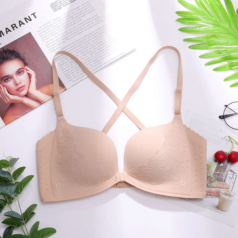 Sujetador inalámbrico de verano cómodo transpirable push-up mama belleza espalda encaje frontal hebilla ropa interior para mujeres delgadas 3223