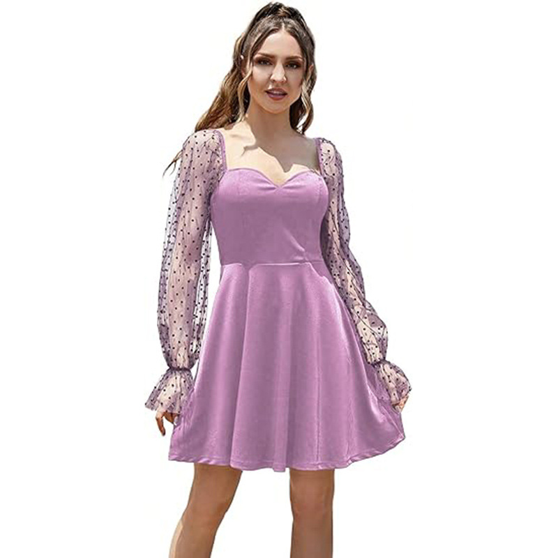 Amazon European and American Women's Dot Mesh Long Sleeve A- line Mini Elegant Wedding Guest Cross-border Bridesmaid Dress