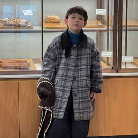 蓝钰25秋冬新品韩国童装中小童男童加厚夹棉长款格子毛呢大衣外套