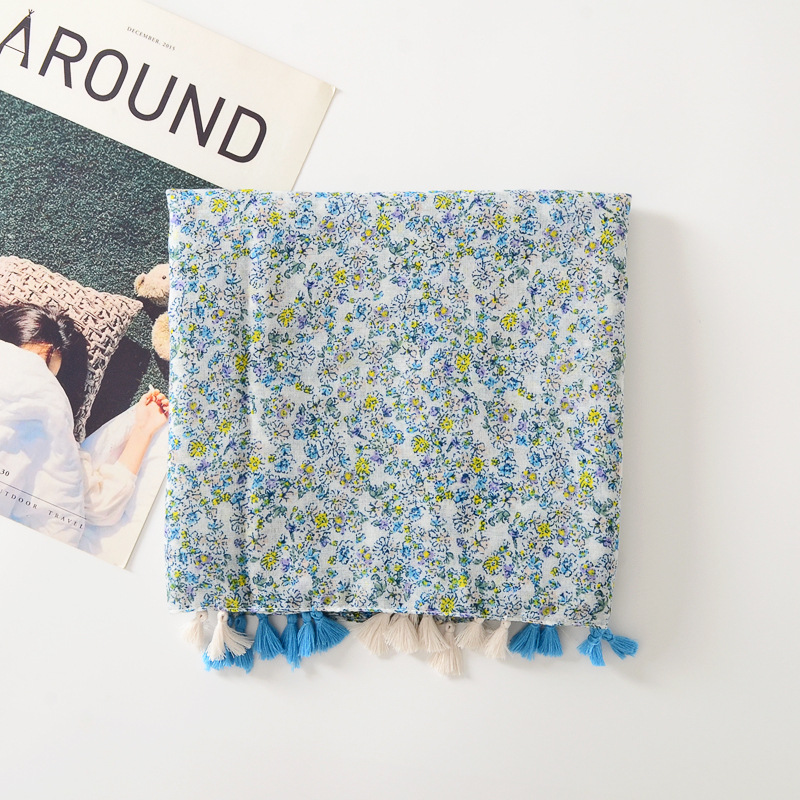 Estilo coreano fresco azul floral viaje Toalla de Playa Larga borla bufanda grande algodón y lino sensación protector solar chal para las mujeres