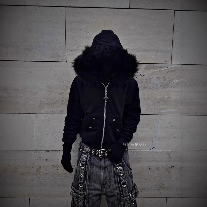 European and American Cross-Border Letter Print Hot Diamond Hooded Sweatshirt Autumn and Winter Retro High Street Hip-Hop Loose Zipper Jacket Trendy European and American Cross-Border Letter Print Hot Diamond Hooded Sweatshirt Autumn and Winter Retro High Street Hip-Hop Loose Zipper Jacket Trendy