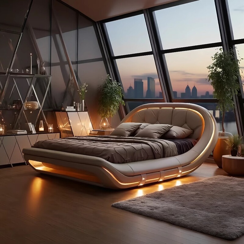 Italian Minimalist Bed, Simple Double Multifunctional Bed, Leather Bed for Master Bedroom, Light Luxury Double Bed with Leather Frame Structure