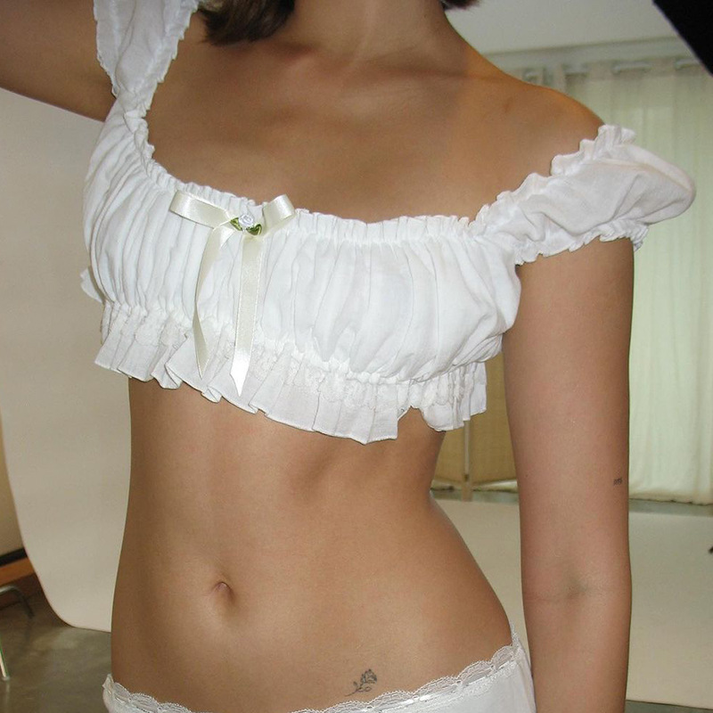 French-Style Women's Sexy Tube Top T-Shirt with Ultra-Short Puff Sleeves, Camisole Crop Top, Y2K Wholesale French-Style Women's Sexy Tube Top T-Shirt with Ultra-Short Puff Sleeves, Camisole Crop Top, Y2K Wholesale