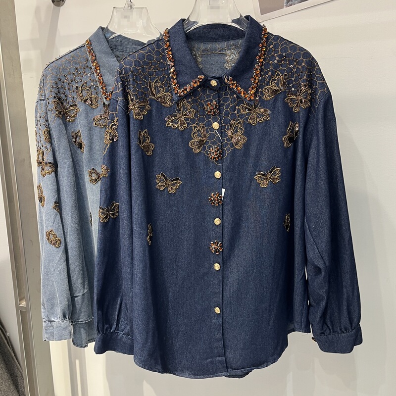 Hong Kong Style Coffee-Colored Butterfly Beaded Design Denim Shirt for Women, Loose Fit, Slimming, High-End Feel, Long-Sleeve Unique Top 2026 Hong Kong Style Coffee-Colored Butterfly Beaded Design Denim Shirt for Women, Loose Fit, Slimming, High-End Feel, Long-Sleeve Unique Top 2026