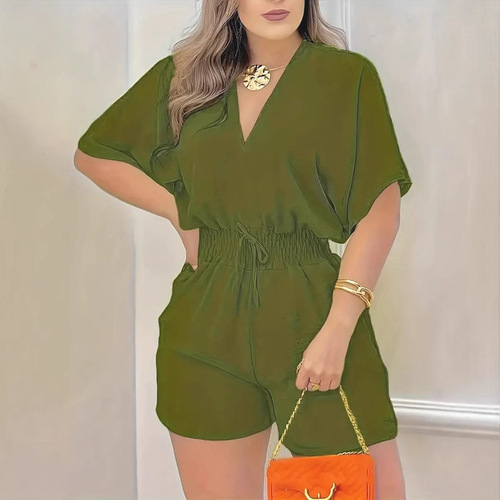 Spring and Summer European and American Women's Fashion Amazon Best Selling Casual V-Neck Bodysuit with Belt Bodysuit