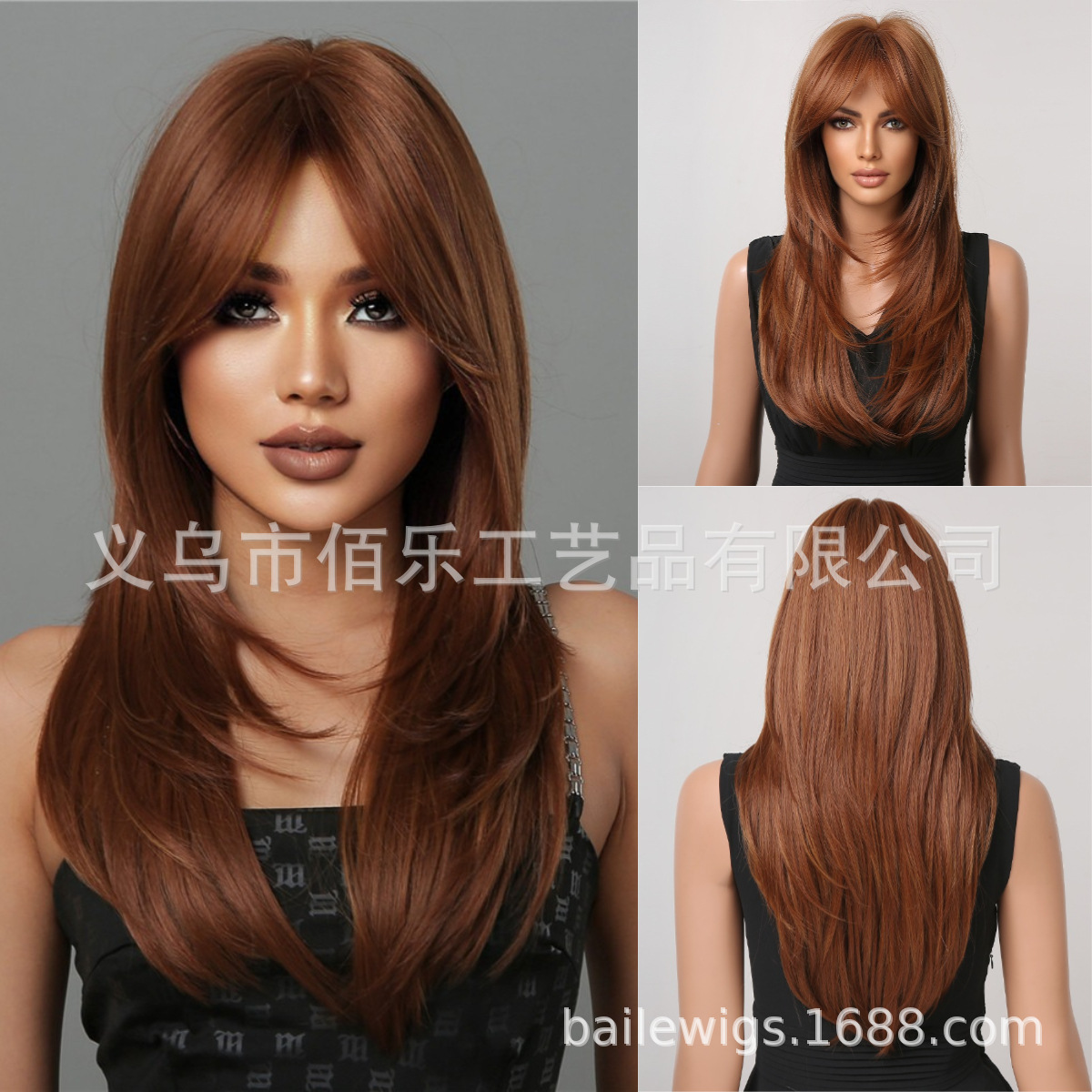 Nuevo negro Rosa flequillo larga recta gradiente de pelo fibra química SEDA NATURAL peluca femenina tocados pelucas fabricante en stock image 35