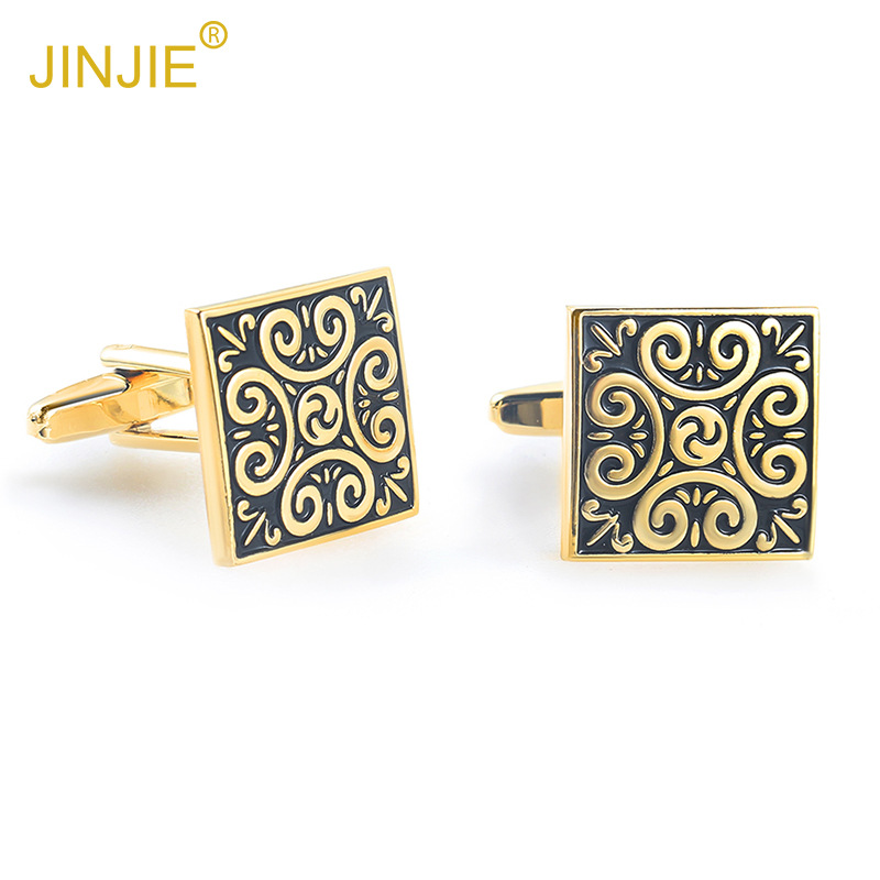 High-quality gold square retro Roman pattern metal cufflinks for export, French-style men's cufflinks wholesale