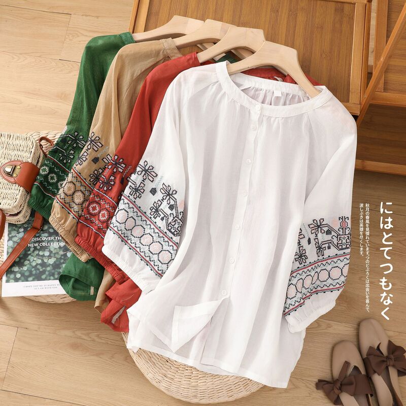 Vintage Heavy Embroidered Lantern Sleeve Cotton Linen Shirt Women's Summer New Artistic Chic Seven-Sleeve Cardigan Women's Top
