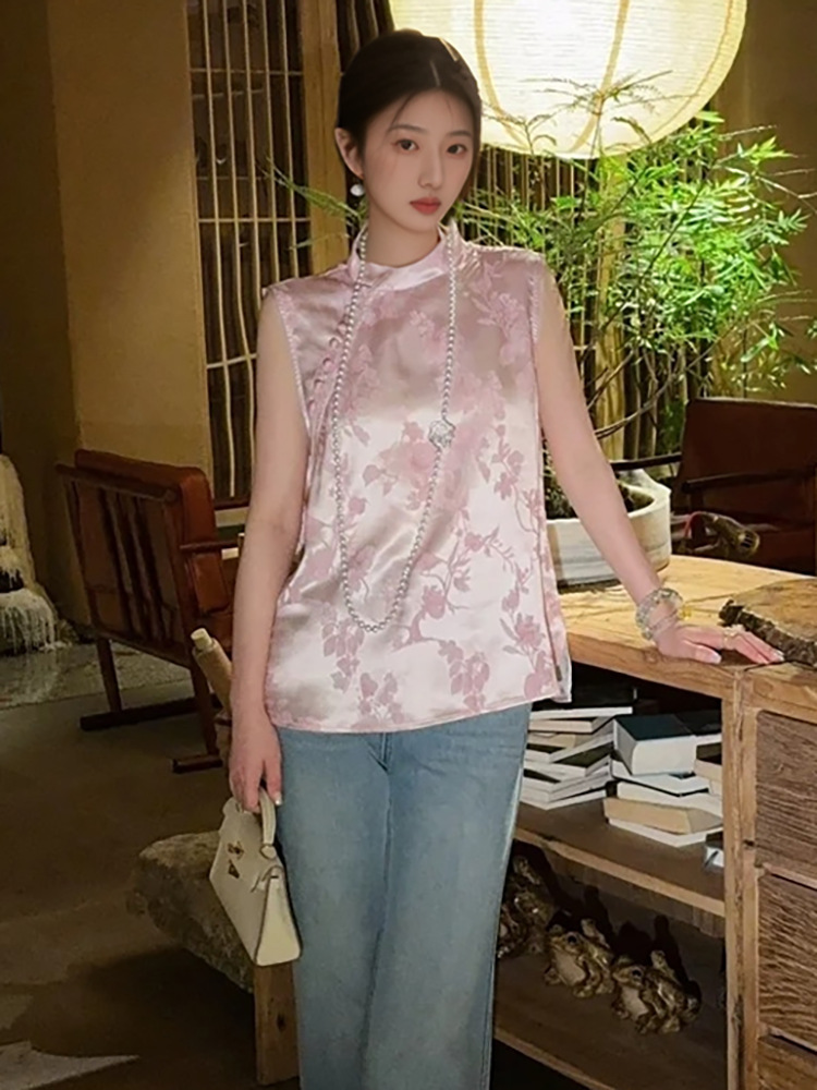 Áo vest không tay cổ đứng họa tiết jacquard phong cách tân cổ điển mùa hè 2026 — Màu hồng, Màu mơ