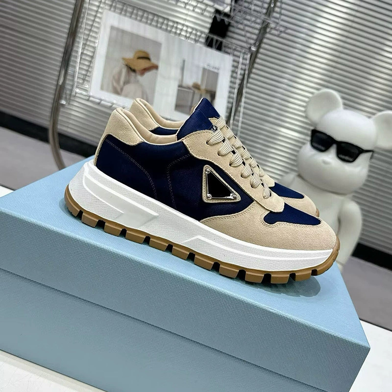 In-stock trendy sports shoes, new model with triangular logo, casual genuine leather lace-up low-top gear thick-soled unisex shoes