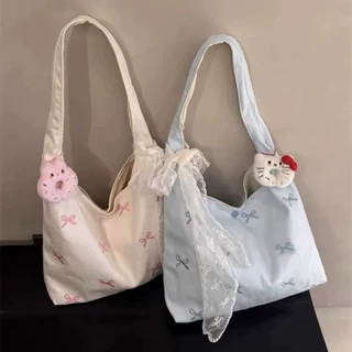 甜美文艺风蝴蝶结刺绣帆布包夏季百搭韩系慵懒风奶蓝色单肩托特包