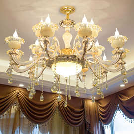 欧式水晶客厅15头别墅卧室餐厅蜡烛奢华大气家用玉石套餐组合吊灯