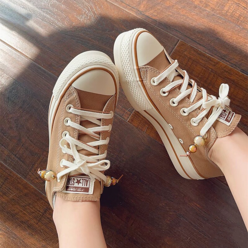 All Star Thick-Soled Height-Increasing Low-Top Canvas Shoes for Women in Milk Tea Color Caramel Macchiato with Rubber Sole Casual Sneakers All Star Thick-Soled Height-Increasing Low-Top Canvas Shoes for Women in Milk Tea Color Caramel Macchiato with Rubber Sole Casual Sneakers