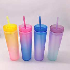 2022跨境亚马逊新款渐变彩虹色水杯细长杯双层气泡杯塑料吸管杯