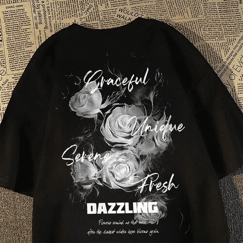 New men's ins fashion brand short-sleeved t-shirt summer American high street cool rose T-shirt student all-matching top