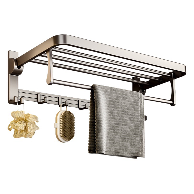 Gunmetal Space Aluminum Towel Rack, No-Drill Storage Rack, Wall-Mounted Organizer, Bathroom Accessory Set, No-Drill, Cross-Border