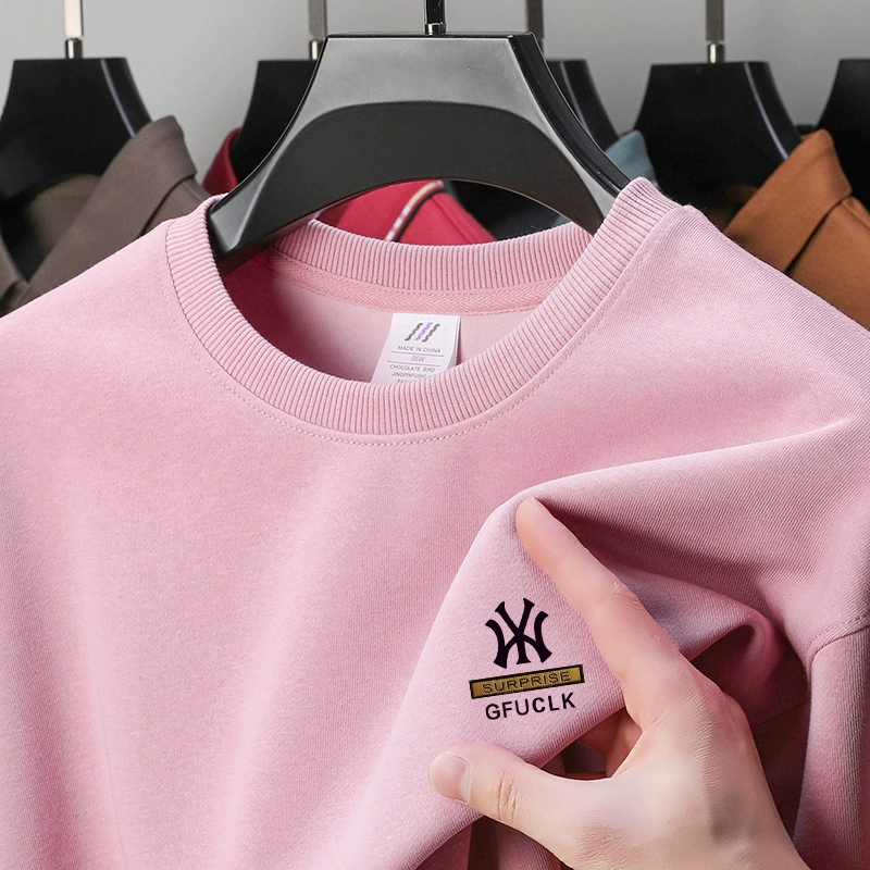 380 г тяжелый хлопчатобумажный мужской свитер 2024 новый осенний круглый воротник молодежная корейская футболка с длинными рукавами мужская нижняя рубашка