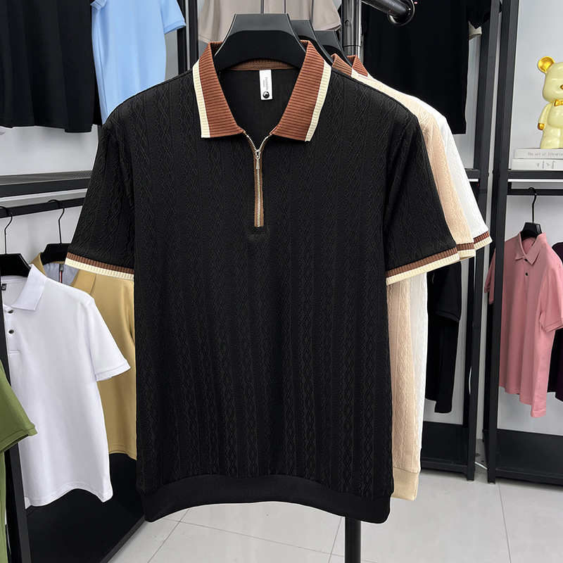 Hombres de mediana edad clásicos de color sólido semia cremallera solapa polo camiseta jacquard rayas de verano nuevo hombre camiseta de manga corta