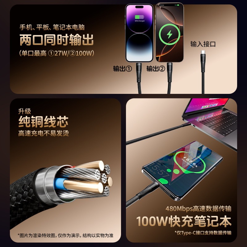 【热销产品】倍魔倍魔100w一拖二数据线适用苹果华为多功能iphone|undefined