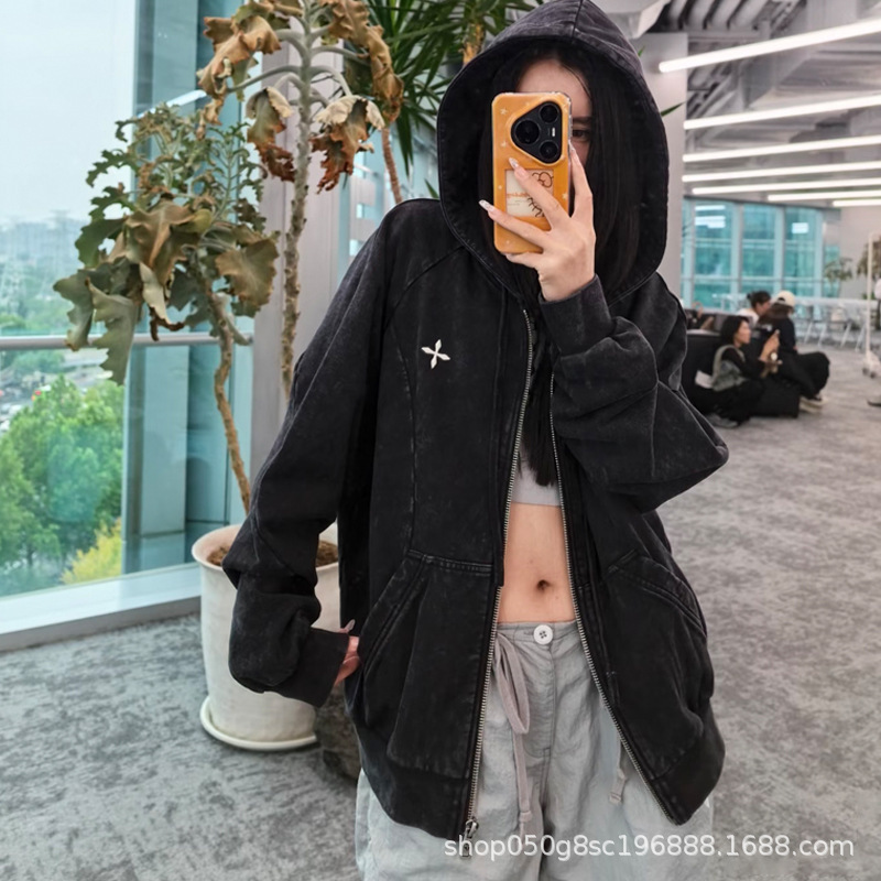 SMFK野性复古阔身运动拉链帽衫刺绣水洗做旧纯棉男女连帽外套25秋|undefined
