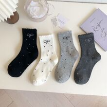 2024新款ins潮 波点花边蝴蝶结堆堆袜学生中筒袜日系网红中筒女袜