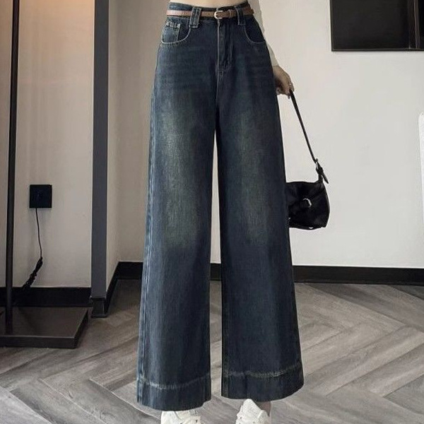 Vintage Petite Women's Jeans for Spring and Autumn, High-Waisted, Straight-Leg, Loose, Slimming, Cropped, Dark Blue, Narrow Wide-Leg Pants