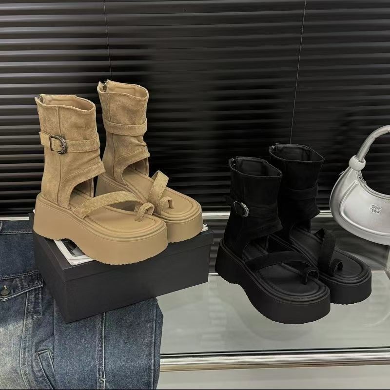 Retro botas romanas de fondo grueso para mujeres 2026 verano nuevo conjunto de moda de sandalias de dedos altos para aumentar la altura de las botas de cremallera