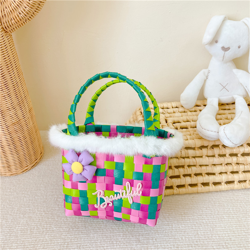 Nueva cesta de alimentos Internet celebridad bolso mano-llevar a cuadros Arco Iris tejido pequeño bolso cuadrado de las niñas de dibujos animados de ajedrez bandeja de almacenamiento bolsa