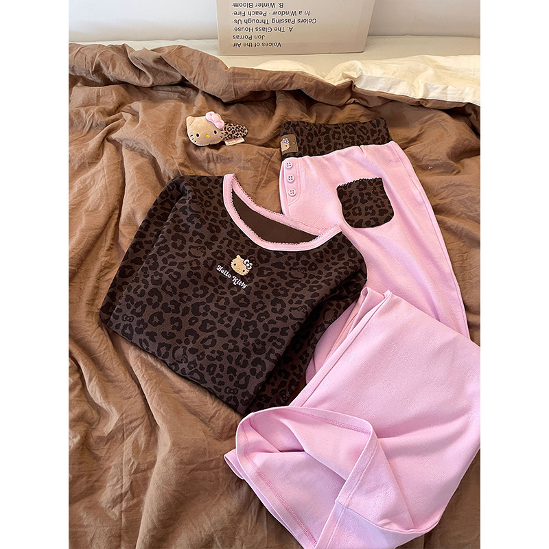 复古辣妹豹纹Hello Kitty印花睡衣女春秋新款长袖长裤家居服套装|undefined