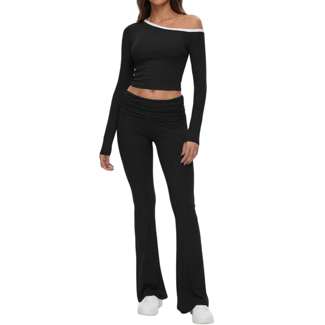 Women's Sexy Off-Shoulder Ribbed Crop Top With Low-Rise Flared Pants Set, Stretchy T-Shirt And Bell Bottom Joggers, Trendy Solid Color Outfit_ecoleips.com
