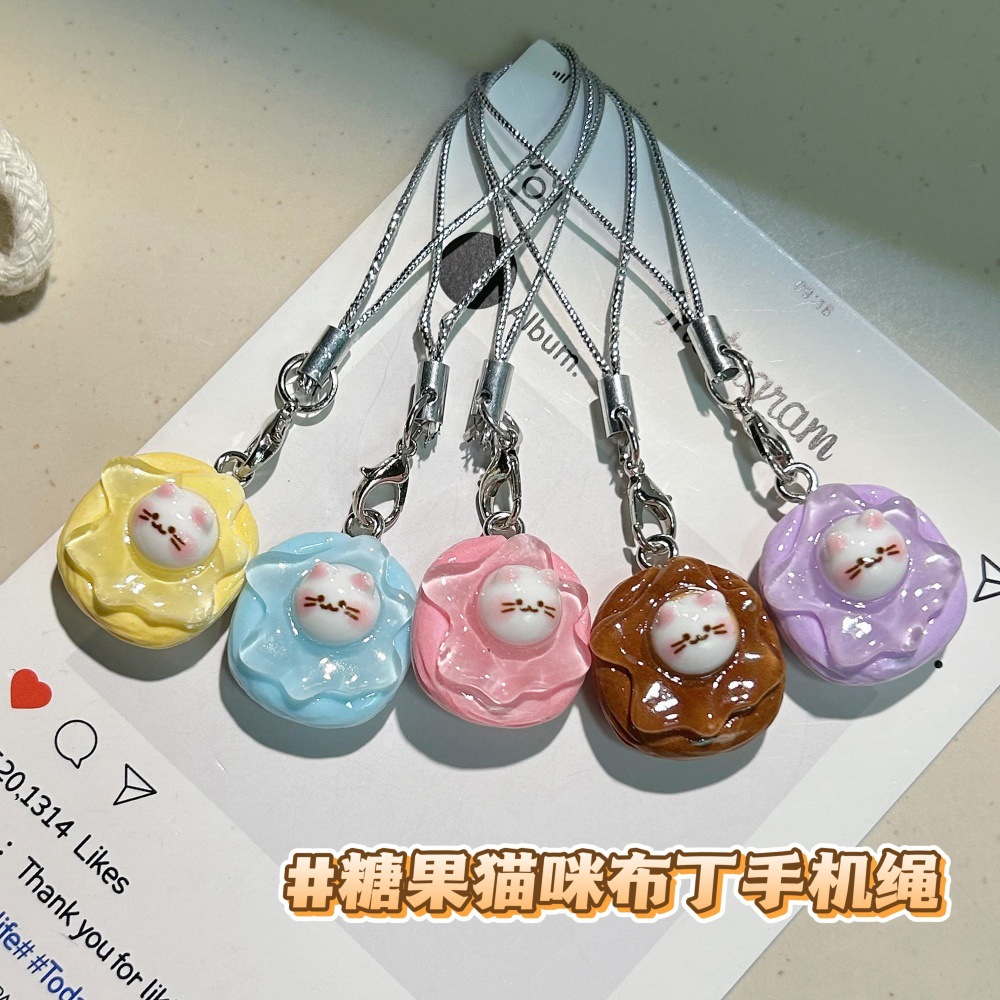 Cute kitty jelly pudding mobile phone chain fun cartoon food play exquisite kitten couple bag pendant key chain