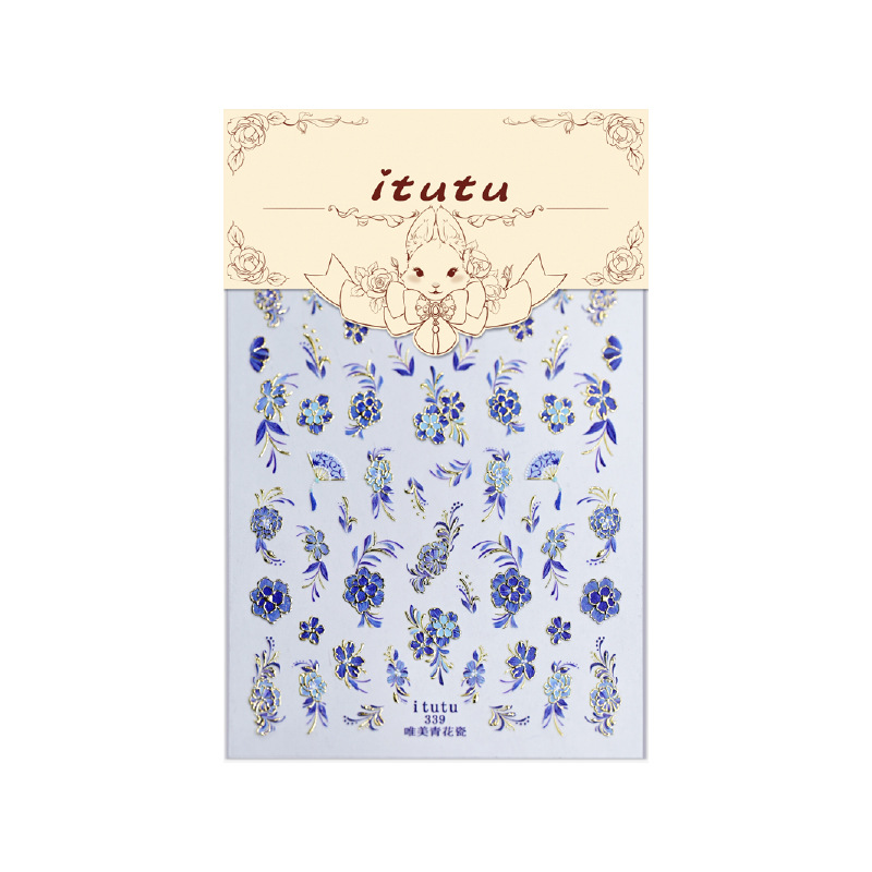 Red de celebridades de la red nuevo estilo nacional hermoso Qinghua porcelana bronceado pegatinas de uñas en caliente en relieve flores tridimensionales pegatinas de uñas plateadas en caliente al por mayor