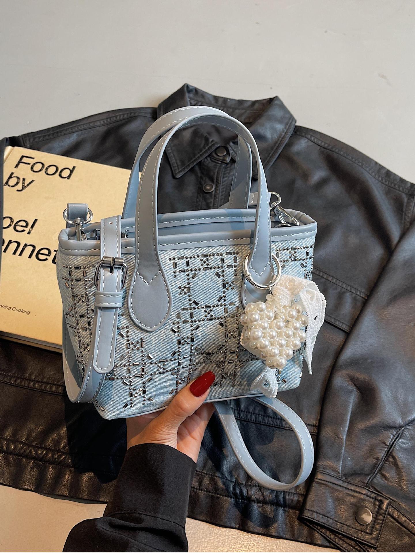 Bolsa de cubo de denim de verano de moda con diamantes para mujeres 2025 nueva moda extranjera versátil bolso de hombro