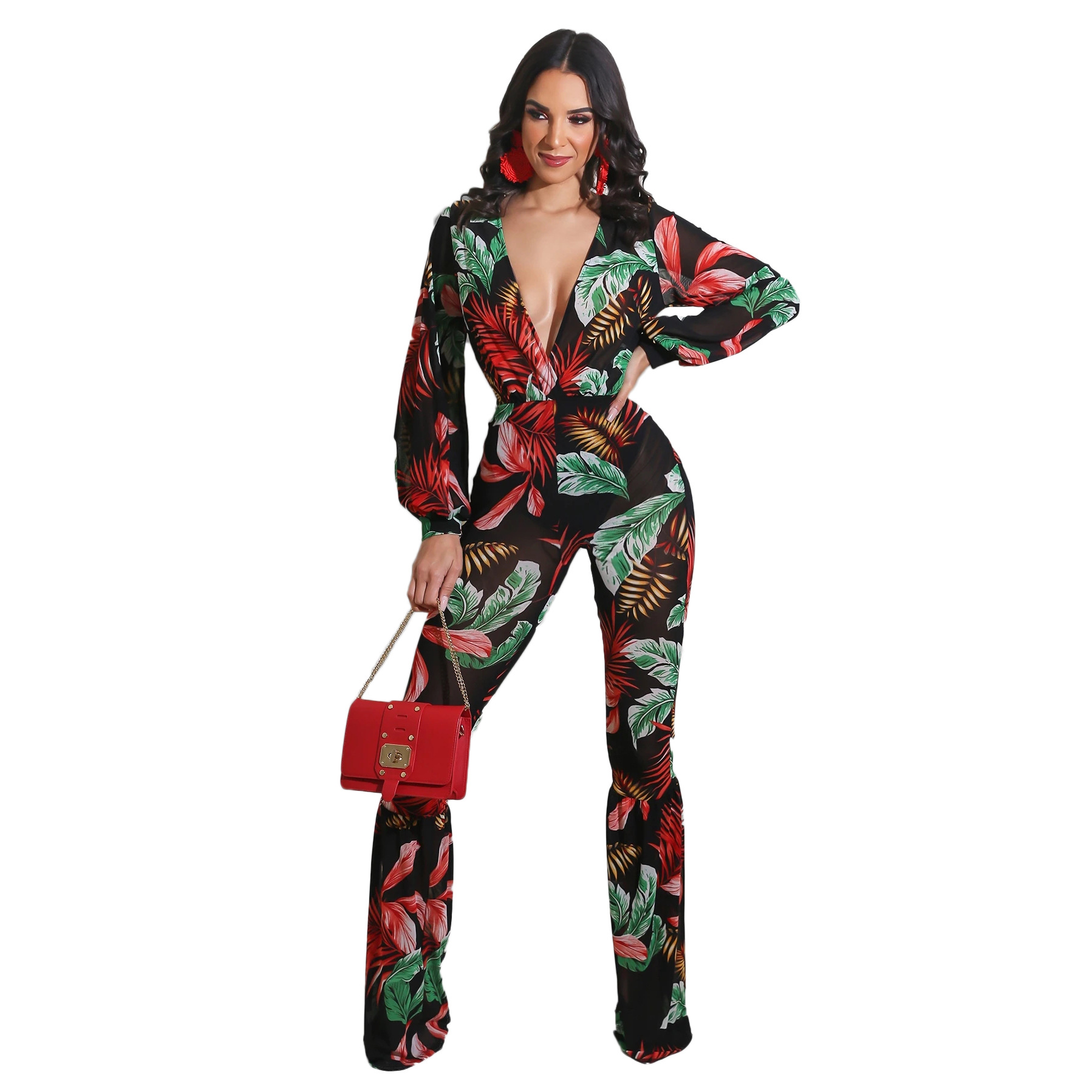 Print Slim Long Sleeve v neck high waist Jumpsuit NSXLY119752