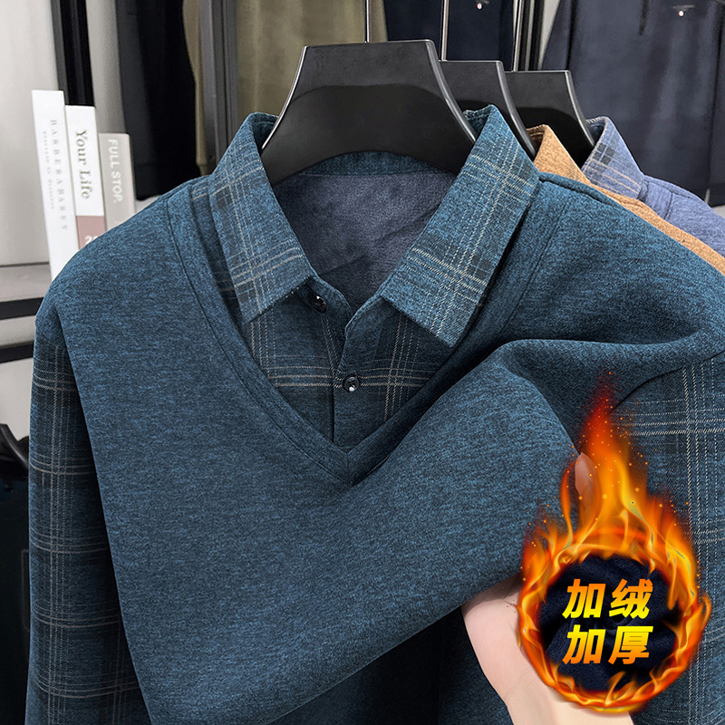 Men's casual and warm wool sweater for middle-aged and elderly men, fleece-lined and thickened, with a faux two-piece design, perfect as a base layer