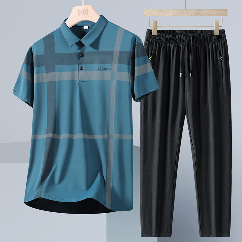 Verano de mediana edad y ancianos traje de polo hombres nuevos pantalones de manga corta de seda de hielo traje de papá suelto casual de dos piezas hombre