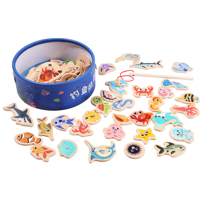 Marine wooden children's cognitive magnetic fishes for fishing