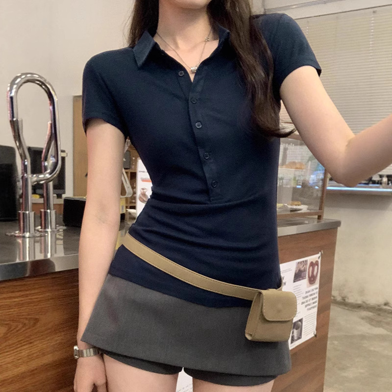 Black Right Shoulder Short-Sleeved Polo Collar T-Shirt for Women Old Money Style High-End Work Clothing Top Summer Slim Lapel T-Shirt Black Right Shoulder Short-Sleeved Polo Collar T-Shirt for Women Old Money Style High-End Work Clothing Top Summer Slim Lapel T-Shirt