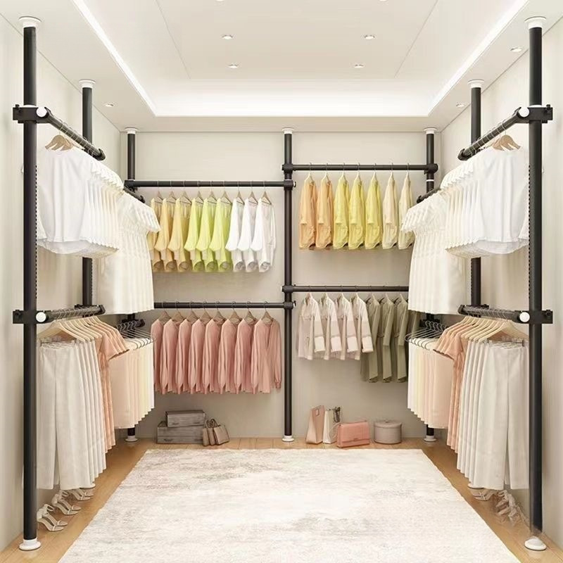 Floor-To-Ceiling Clothes Rack Rod Floor-Standing Combination Clothes Drying Rack Bedroom Clothes Rack Telescopic Clothes Drying Rod Cool Clothes and Hat Rack