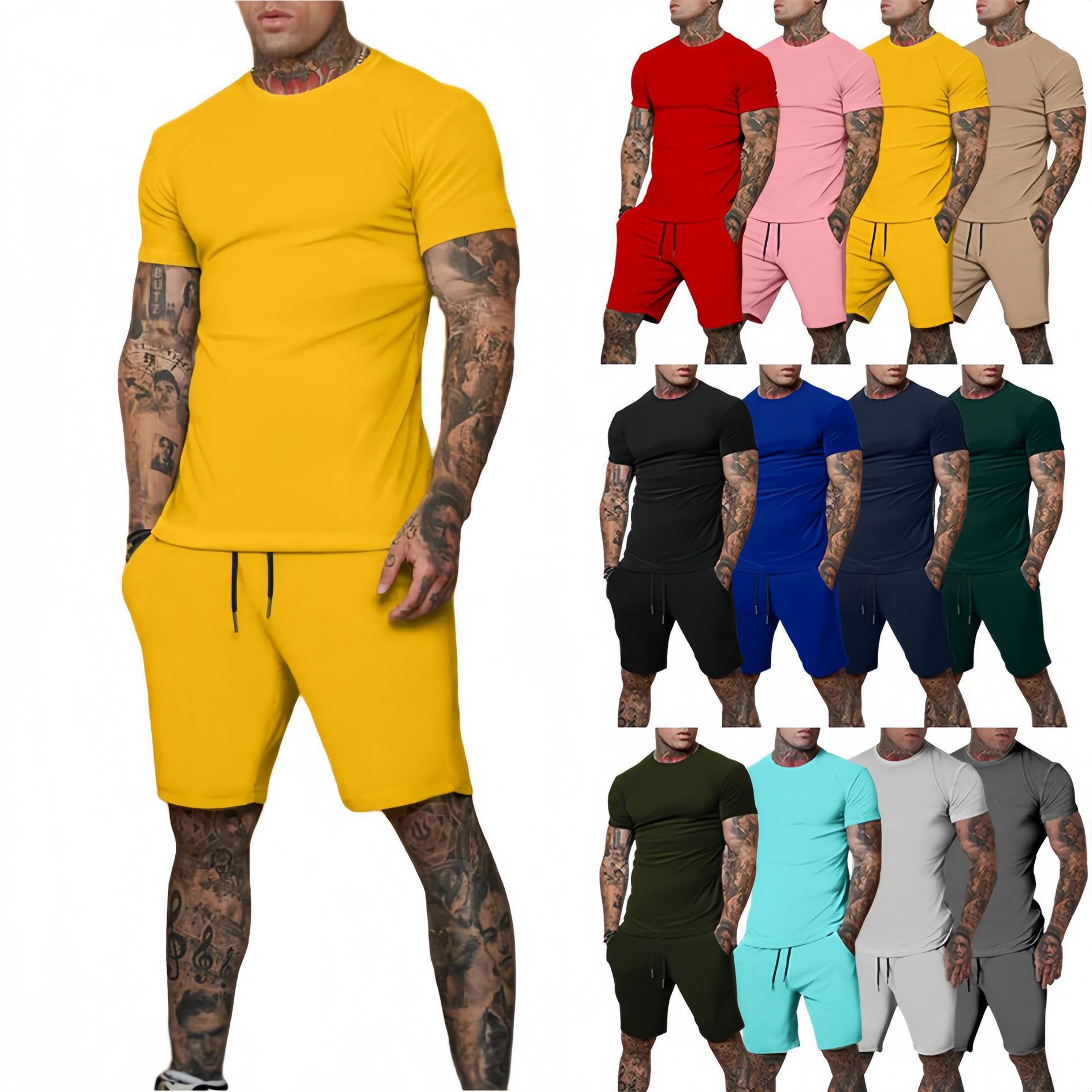 2025 Solid Color Short Sleeve Shorts Summer Printable Sports suit Goods in stock Zhengou New Men's suit