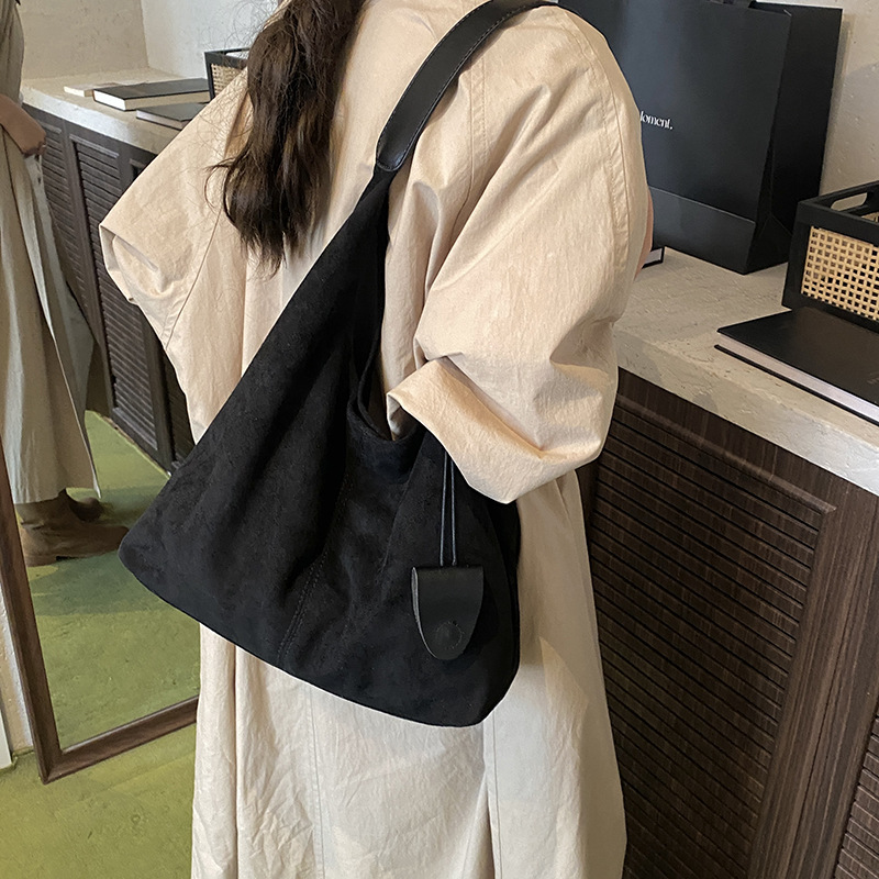 2025秋冬新款麂皮绒水桶包大容量通勤单肩托特包女复古腋下子母包|undefined