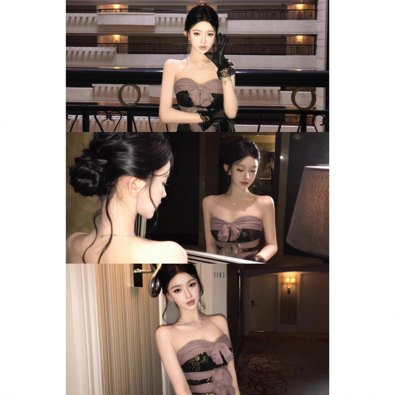 JAYKY YANG古董情书紫金色中古蕾丝抹胸女蝴蝶结拼接修身上衣|undefined