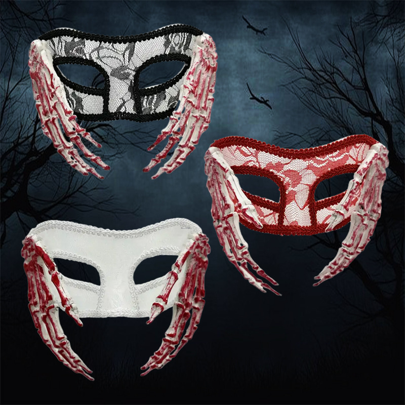 Amazon nuevo esqueleto mano máscara de encaje cabeza plana máscara translúcida Halloween accesorios de fiesta