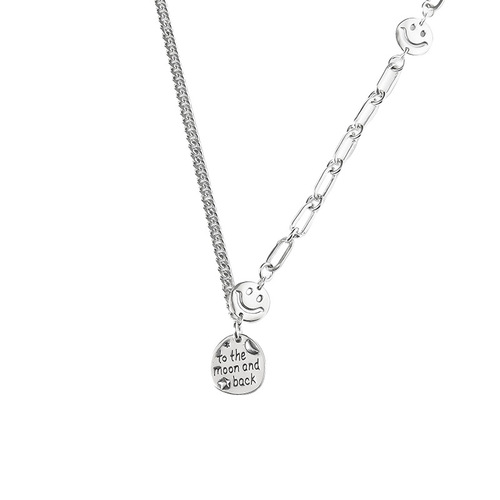 English letter tag retro Thai silver s925 sterling silver smiley face necklace female trendy internet celebrity ins cold style clavicle chain