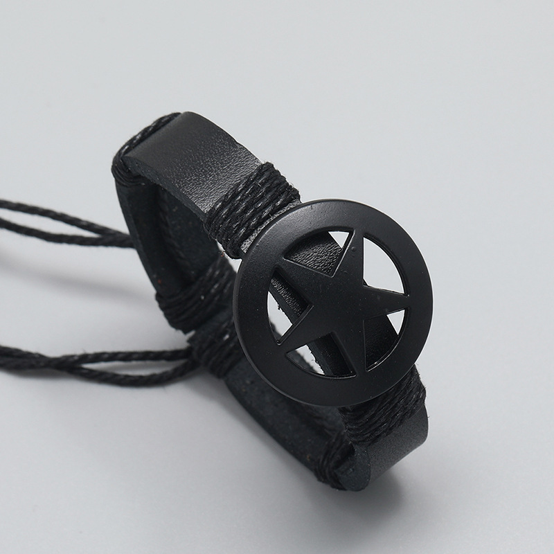 Cross-Border Men's Leather Bracelet, Foreign European and American Jewelry, Personalized Fashion Black Five-Pointed Star Bracelet, Pu Bracelet Cross-Border Men's Leather Bracelet, Foreign European and American Jewelry, Personalized Fashion Black Five-Pointed Star Bracelet, Pu Bracelet