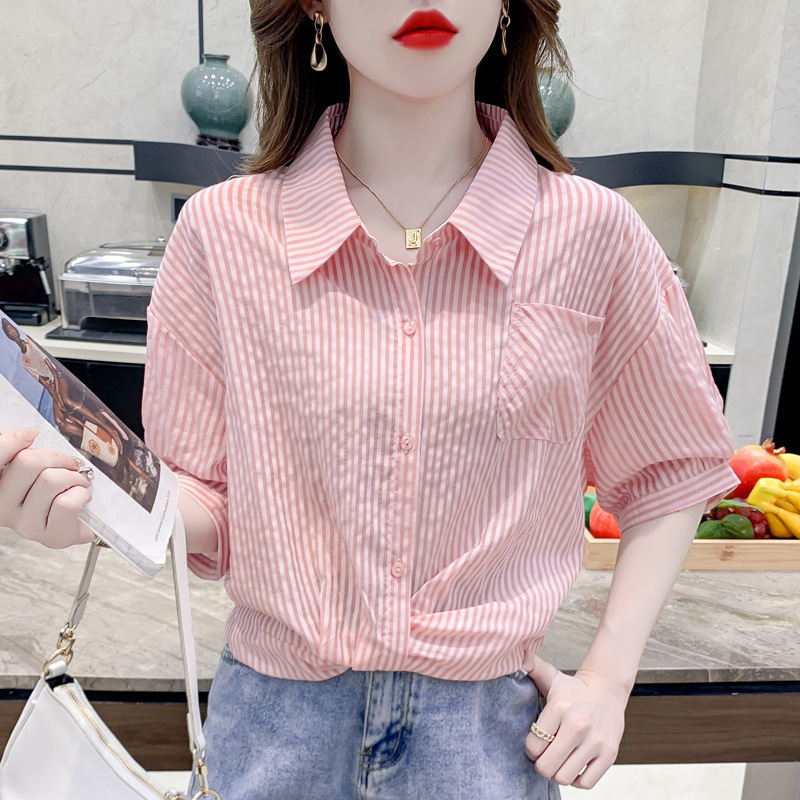 Striped Short-sleeved Shirt Women's Summer 2024 New Design Sense Niche Slim Short French Belly Covering Top