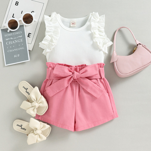 Baoxin Foreign Trade's new summer style girls' and middle-aged children's suits with striped ear-edge short sleeves + pink shorts